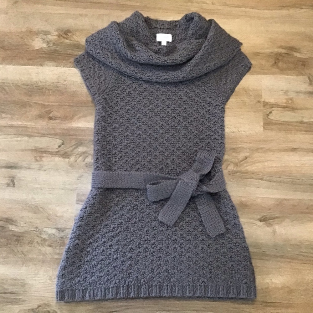 SWEATER Dress Size L Y2K Cowl Neck Soft Yarn with Belt Sash Brown Short Slee…
